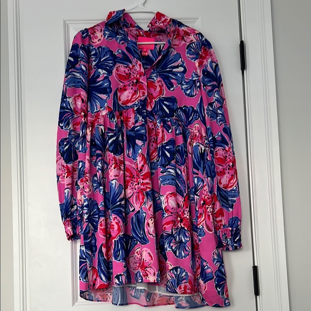 Pink sundress with long bishop sleeves and a peter pan collar for casual wear